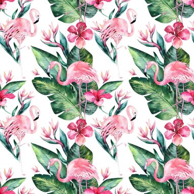 Tropikal sorunsuz çiçek yaz desen arka plan ile tropikal palmiye yaprakları, pembe flamingo kuşu, egzotik hibiscus. Duvar kağıtları, tekstil tasarımı, kumaş baskı için mükemmel.