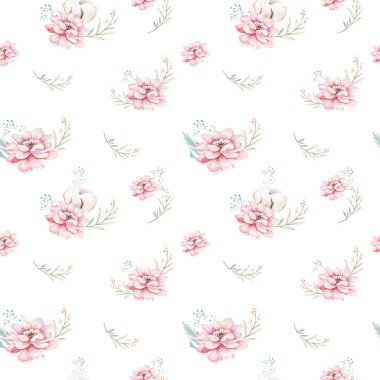 Pamuk ile suluboya sorunsuz çiçek desenli. Bohem doğal desenler: yaprakları, tüyler, çiçekler, izole beyaz arka plan üzerinde. Sanatsal dekorasyon illüstrasyon. Tekstil tasarımı
