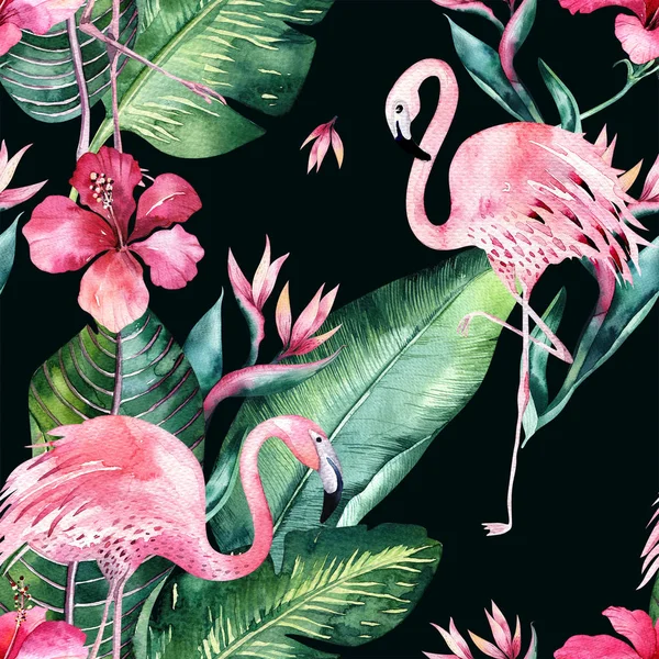 Tropical seamless floral summer pattern background with tropical palm leaves, pink flamingo bird, exotic hibiscus. Perfect for wallpapers, textile design, fabric print.