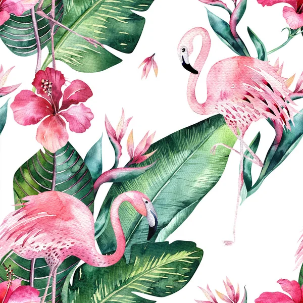 热带的无缝花卉夏季图案背景与热带棕榈叶 粉红色的火烈鸟鸟 异国情调的芙蓉 完美的墙纸 纺织品设计 织物印刷 — 图库照片