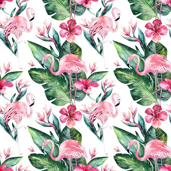 Tropical seamless floral summer pattern background with tropical palm leaves, pink flamingo bird, exotic hibiscus. Perfect for wallpapers, textile design, fabric print.