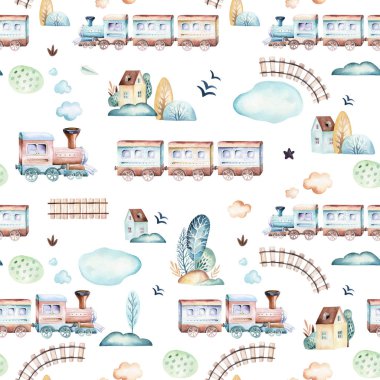 Bebek çocuklar dünya. Uçak, uçak ve waggon lokomotif suluboya resim desenleri karikatür. Çocuk oyuncakları Doğum günü backgraund taşıma elemanları seamless modeli