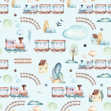 Bebek çocuklar dünya. Uçak, uçak ve waggon lokomotif suluboya resim desenleri karikatür. Çocuk oyuncakları Doğum günü backgraund taşıma elemanları seamless modeli