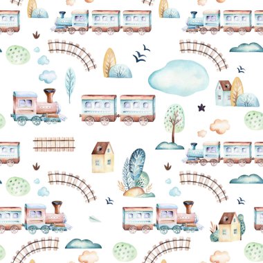 Bebek çocuklar dünya. Uçak, uçak ve waggon lokomotif suluboya resim desenleri karikatür. Çocuk oyuncakları Doğum günü backgraund taşıma elemanları seamless modeli