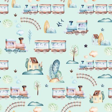 Bebek çocuklar dünya. Uçak, uçak ve waggon lokomotif suluboya resim desenleri karikatür. Çocuk oyuncakları Doğum günü backgraund taşıma elemanları seamless modeli