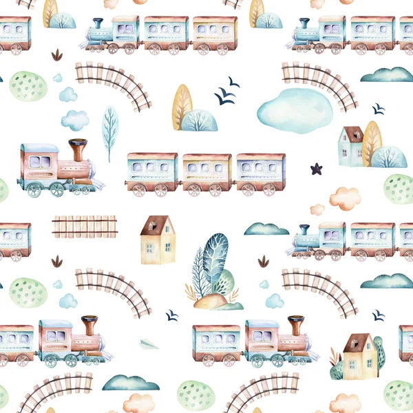 Bebek çocuklar dünya. Uçak, uçak ve waggon lokomotif suluboya resim desenleri karikatür. Çocuk oyuncakları Doğum günü backgraund taşıma elemanları seamless modeli