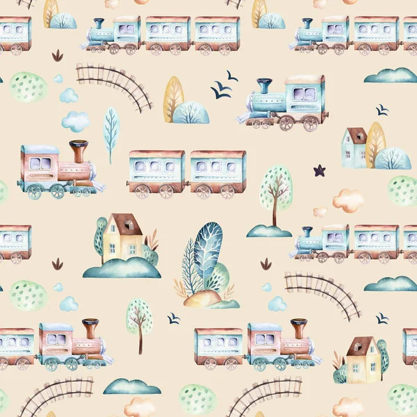 Bebek çocuklar dünya. Uçak, uçak ve waggon lokomotif suluboya resim desenleri karikatür. Çocuk oyuncakları Doğum günü backgraund taşıma elemanları seamless modeli