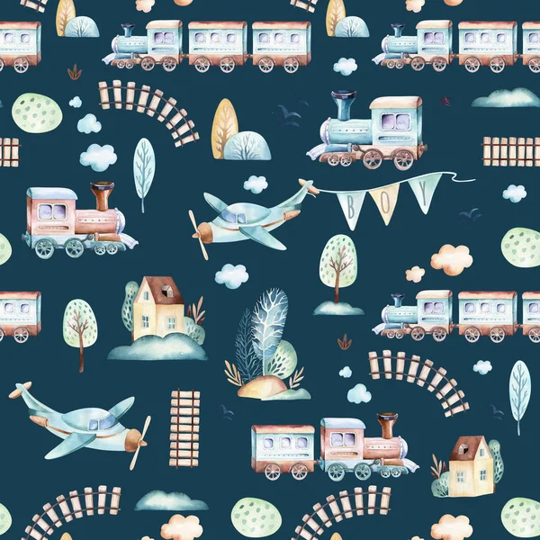 Bebek çocuklar dünya. Uçak, uçak ve waggon lokomotif suluboya resim desenleri karikatür. Çocuk oyuncakları Doğum günü backgraund taşıma elemanları seamless modeli