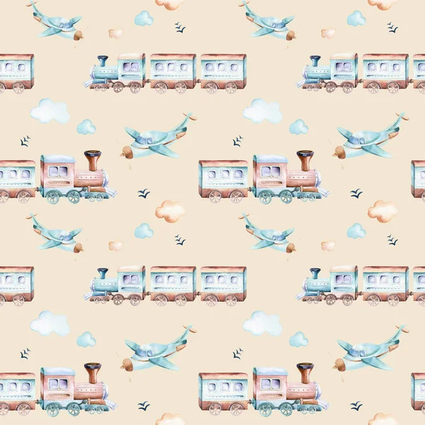 Babyboy Welt Zeichentrickflugzeug Flugzeug Und Waggon Lokomotive Aquarell Illustrationsmuster Kinderspielzeug — Stockfoto