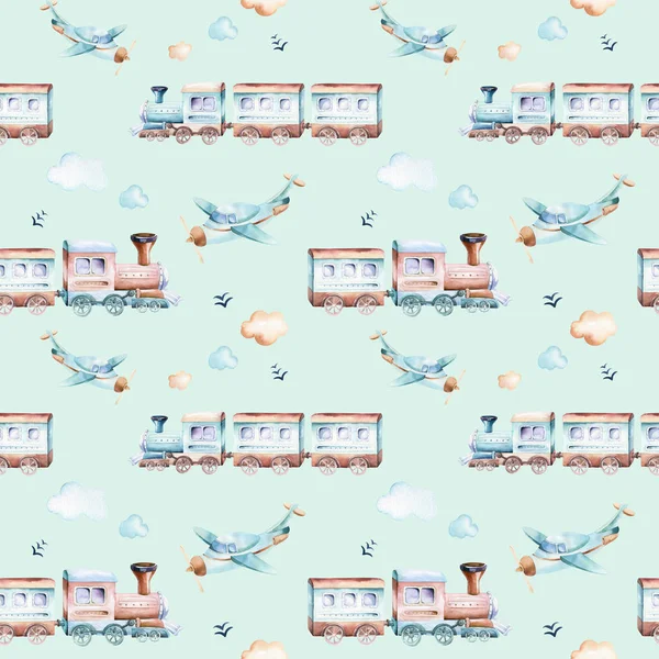 Babyboy Welt Zeichentrickflugzeug Flugzeug Und Waggon Lokomotive Aquarell Illustrationsmuster Kinderspielzeug — Stockfoto