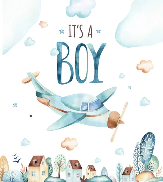 Baby Chłopcy Świata Samolot Waggon Lokomotywa Akwarela Ilustracja Kreskówka Urodziny — Zdjęcie stockowe