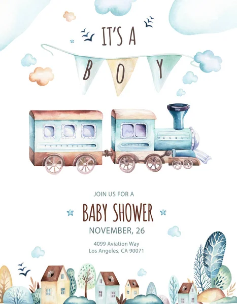 赤ちゃん男の子の世界 飛行機と荷馬車の機関車水彩イラストを漫画します 飛行機 飛行機 トランスポート要素の子誕生日セット ベビー シャワー カード — ストック写真
