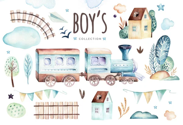 Baby Boys World Cartoon Airplane Waggon Locomotive Watercolor Illustration Child — Stockfoto