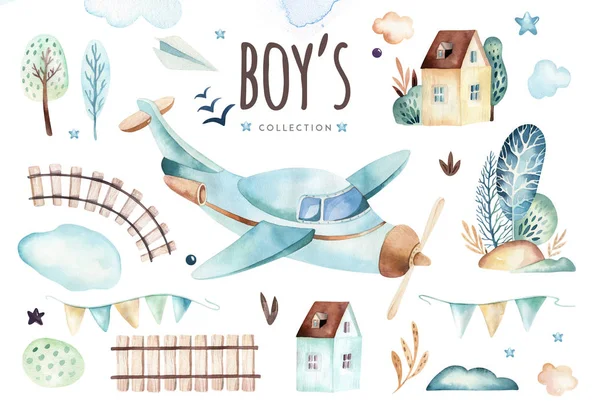 Babyboy Welt Cartoon Flugzeug Und Waggon Lokomotive Aquarell Illustration Kindergeburtstag — Stockfoto