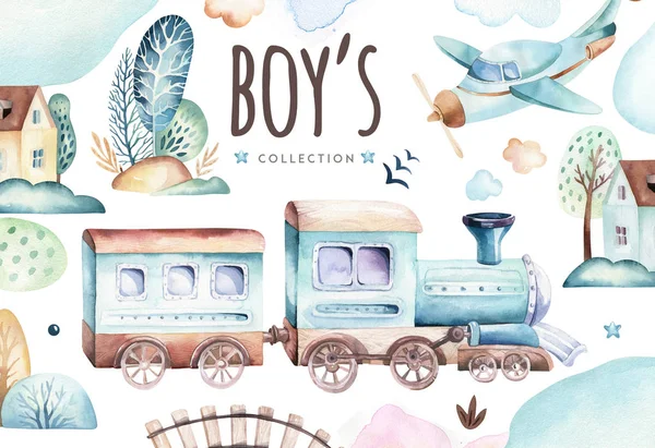 Baby Boys World Cartoon Airplane Waggon Locomotive Watercolor Illustration Child — Stock Photo, Image