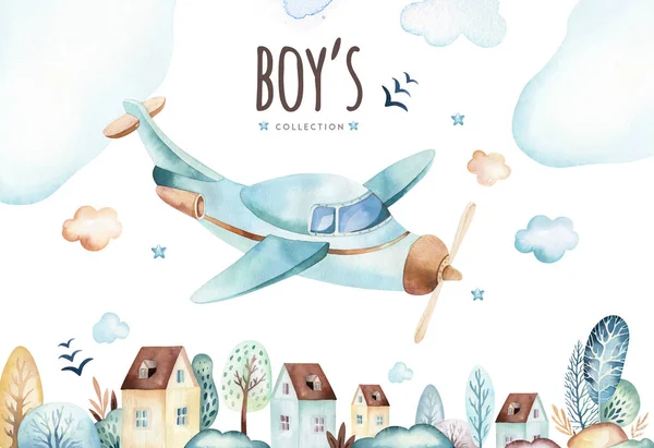 Baby Chłopcy Świata Samolot Waggon Lokomotywa Akwarela Ilustracja Kreskówka Urodziny — Zdjęcie stockowe