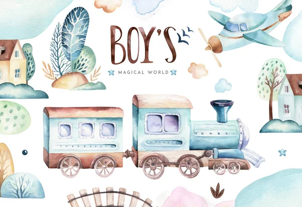 Baby Fiúk Világ Rajzfilm Repülőgép Waggon Mozdony Akvarell Illusztráció Gyerek — Stock Fotó