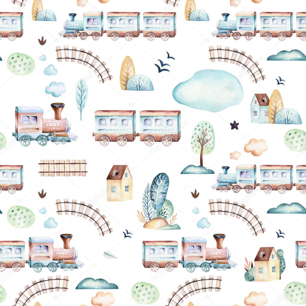 Baby boys world. Cartoon airplane, plane and waggon locomotive watercolor illustration patterns. Child toys birthday backgraund transport elements seamless pattern