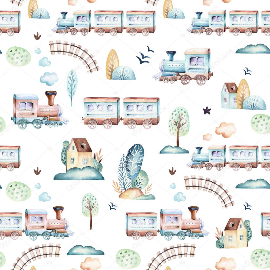 Baby boys world. Cartoon airplane, plane and waggon locomotive watercolor illustration patterns. Child toys birthday backgraund transport elements seamless pattern