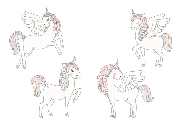 ユニコーン甘いキュートなイラスト。魔法ファンタジーのデザイン。漫画の動物の虹は、馬を隔離しました。おとぎ話ユニコーン プリント ポスター. — ストック写真