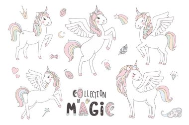 Tek boynuzlu at vektör tatlı şirin illüstrasyon. Sihirli fantezi tasarım. Çizgi film gökkuşağı hayvan izole at. Peri masalı tek boynuzlu at baskı poster.