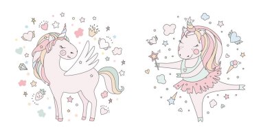 Tek boynuzlu at vektör tatlı şirin illüstrasyon. Sihirli fantezi tasarım. Çizgi film gökkuşağı hayvan izole at. Peri masalı tek boynuzlu at baskı poster.