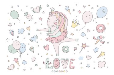 Tek boynuzlu at vektör tatlı şirin illüstrasyon. Sihirli fantezi tasarım. Çizgi film gökkuşağı hayvan izole at. Peri masalı tek boynuzlu at baskı poster.