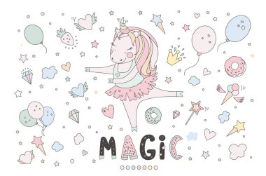 Tek boynuzlu at vektör tatlı şirin illüstrasyon. Sihirli fantezi tasarım. Çizgi film gökkuşağı hayvan izole at. Peri masalı tek boynuzlu at baskı poster.