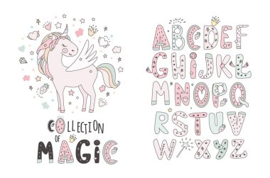 Tek boynuzlu at vektör tatlı şirin illüstrasyon. Sihirli fantezi tasarım. Çizgi film gökkuşağı hayvan izole at. Peri masalı tek boynuzlu at baskı poster.