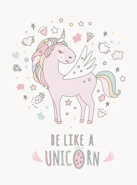 Unicorn vecteur douce illustration mignonne. Design fantastique magique. Dessin animé animal arc-en-ciel isolé cheval. Poster imprimé licorne conte de fées . — Image vectorielle