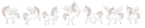 Unicorn lief schattig vectorillustratie. Magische fantasie ontwerp. Cartoon regenboog dier geïsoleerd paard. Fairytale unicorn afdrukken poster. — Stockvector