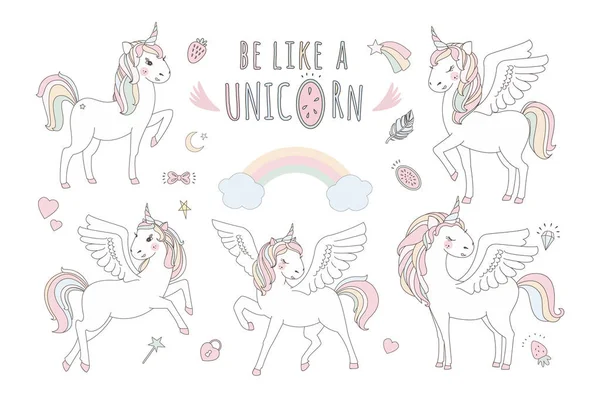 Einhorn-Vektor süße niedliche Illustration. magisches Fantasiedesign. Karikatur Regenbogen Tier isoliert Pferd. Märchenhaftes Einhorn-Print-Poster. — Stockvektor