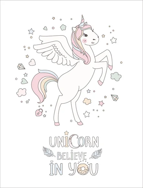 Unicorn vektor söt söt illustration. Magiska fantasy design. Tecknad rainbow djur isolerad häst. Fairytale unicorn utskrift affisch. — Stock vektor
