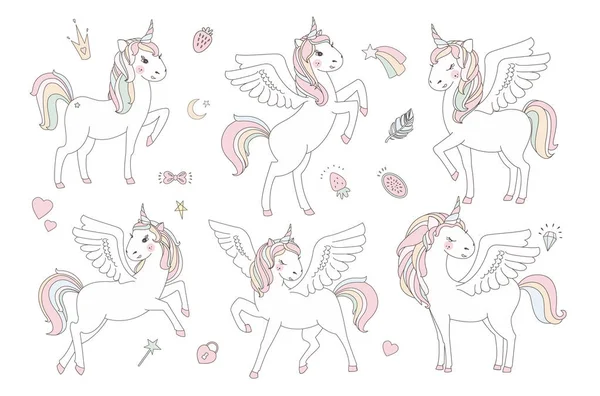 ユニコーン ベクトル甘いキュートなイラスト。魔法ファンタジーのデザイン。漫画の動物の虹は、馬を隔離しました。おとぎ話ユニコーン プリント ポスター. — ストックベクタ