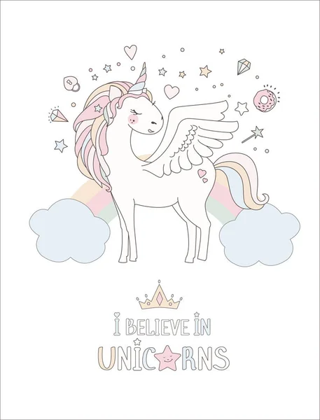 Unicorn vecteur douce illustration mignonne. Design fantastique magique. Dessin animé animal arc-en-ciel isolé cheval. Poster imprimé licorne conte de fées . — Image vectorielle