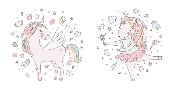 Unicorn lief schattig vectorillustratie. Magische fantasie ontwerp. Cartoon regenboog dier geïsoleerd paard. Fairytale unicorn afdrukken poster. — Stockvector