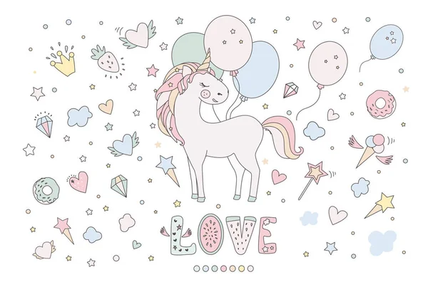 Unicorn vecteur douce illustration mignonne. Design fantastique magique. Dessin animé animal arc-en-ciel isolé cheval. Poster imprimé licorne conte de fées . — Image vectorielle