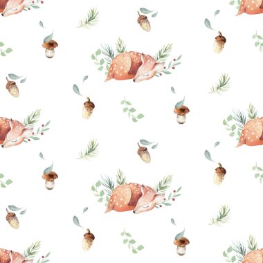 Şirin suluboya bebek geyik hayvan seamless modeli, Çocuk giyim, çocuk desen için illüstrasyon izole. Suluboya el çekilmiş boho görüntü mükemmel telefon durumlarda tasarımı, çocuk odası