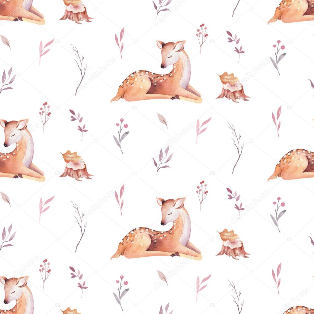 Cute watercolor baby deer animal seamless pattern, nursery isolated illustration for children clothing, patterns. Watercolor Hand drawn boho image Perfect for phone cases design, nursery