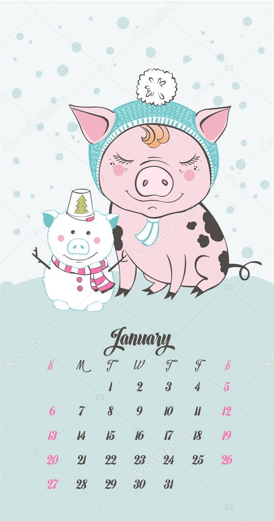 Set of cute pig farm cartoon characters. Chinese symbol of the 2019 year. Happy New Year. Cute animal illustration.