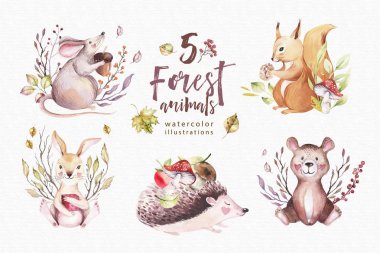 Şirin bebek hayvan kreş fare, tavşan ve ayı çocuklar için illüstrasyon izole. Çizim sincap, suluboya, kirpi suluboya boho orman görüntü mükemmel kreş posterler için desen