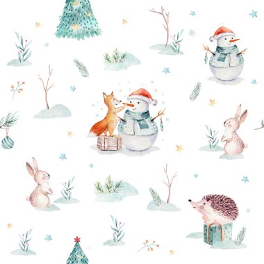Hediye, kardan adam, tatil sevimli hayvanlar tilki, tavşan ve kirpi ile suluboya Merry Christmas Dikişsiz desen. Noel ağacı kutlama kağıt. Kış yeni yıl tasarım.