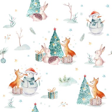 Hediye, kardan adam, tatil sevimli hayvanlar tilki, tavşan ve kirpi ile suluboya Merry Christmas Dikişsiz desen. Noel ağacı kutlama kağıt. Kış yeni yıl tasarım.