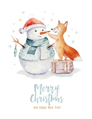 Suluboya altın Merry Christmas illüstrasyon kardan adam, yılbaşı ağacı, tatil sevimli hayvanlar tilki, tavşan ve kirpi ile. Yılbaşı kutlama kartları. Kış yeni yıl tasarım.