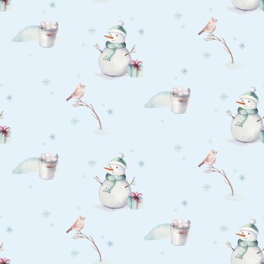 Kardan adam, tatil sevimli hayvanlar geyik, tavşan ile suluboya Merry Christmas Dikişsiz desen. Noel kutlamaları kağıt. Kış yeni yıl tasarım.