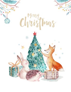 Suluboya altın Merry Christmas illüstrasyon kardan adam, yılbaşı ağacı, tatil sevimli hayvanlar tilki, tavşan ve kirpi ile. Yılbaşı kutlama kartları. Kış yeni yıl tasarım.