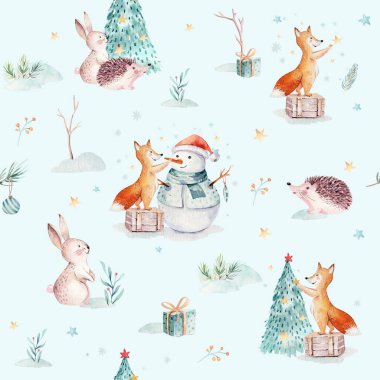 Hediye, kardan adam, tatil sevimli hayvanlar tilki, tavşan ve kirpi ile suluboya Merry Christmas Dikişsiz desen. Noel ağacı kutlama kağıt. Kış yeni yıl tasarım.
