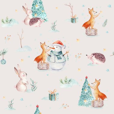 Hediye, kardan adam, tatil sevimli hayvanlar tilki, tavşan ve kirpi ile suluboya Merry Christmas Dikişsiz desen. Noel ağacı kutlama kağıt. Kış yeni yıl tasarım.