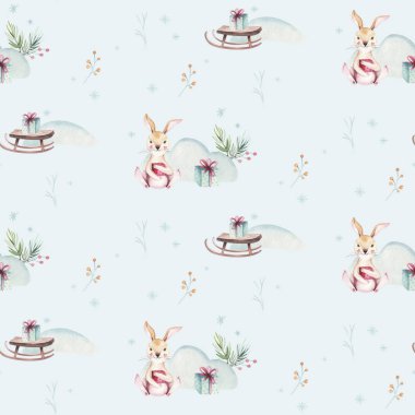 Kardan adam, tatil sevimli hayvanlar geyik, tavşan ile suluboya Merry Christmas Dikişsiz desen. Noel kutlamaları kağıt. Kış yeni yıl tasarım.