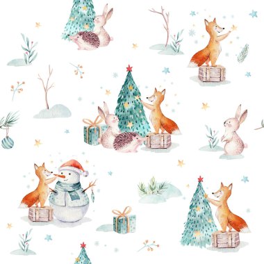 Hediye, kardan adam, tatil sevimli hayvanlar tilki, tavşan ve kirpi ile suluboya Merry Christmas Dikişsiz desen. Noel ağacı kutlama kağıt. Kış yeni yıl tasarım.